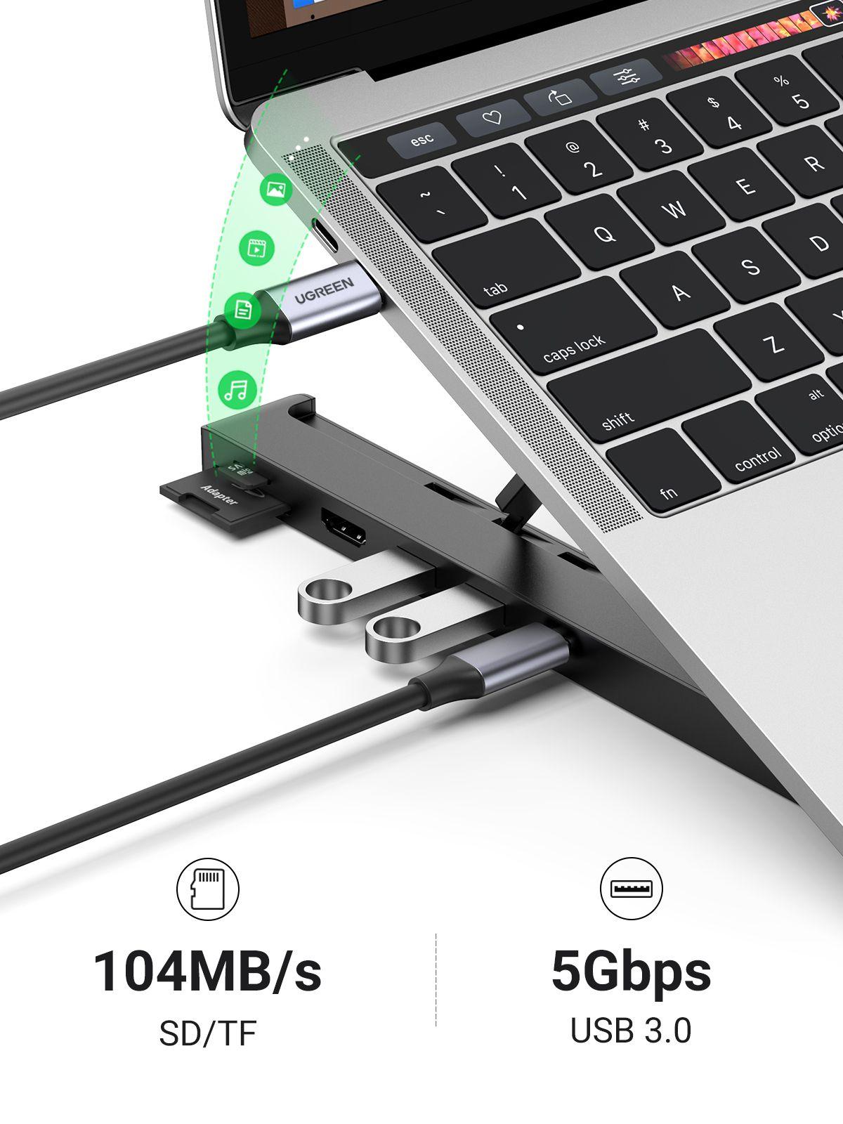 قاعدة شحن اللاب توب بمنفذ USB نوع سي من يوجرين، حامل مكتبي محمول قابل للطي والتعديل بـ 4 مستويات مع منافذ USB C 4K HDMI TF/SD 2 USB 3.0 متوافق مع جهاز ماك بوك واتش بي وديل وايسر واسوس ولينوفو (80551)