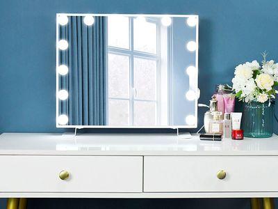 Lighted makeup mirror with 14 LED bulbs with 3 color lighting modes, adjustable brightness, and smart touch control