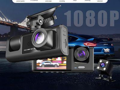 3-in-1 3-Channel (Front, Interior, and Rear) Car Camera HD 1080P Dash Cam with 4 inch LCD HD Screen