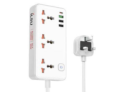 ILSU 2500W Multiport Safety Socket with 3 Triple Power Outlets, 3 USB Ports, and 1 Type-C Port with Smart Charging Technology