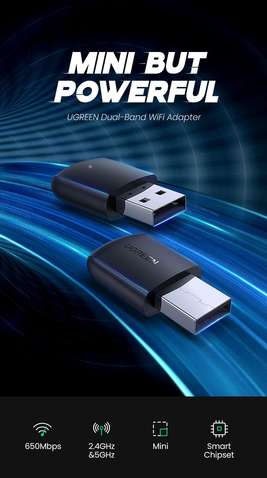 محول واي فاي USB AC650 من يو جرين لأجهزة الكمبيوتر المكتبية 5G 2.4G ثنائي النطاق أسود
