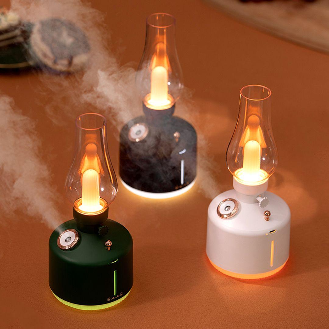 مرطب هواء محمول بتصميم كلاسيكي بشكل مصباح الكيروسين مع اضاءة ليلية LED وقابل للشحن من خلال USB