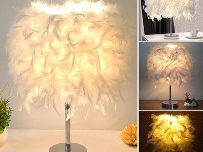 220V Feather Shade Table Lamp Metal Bedside Desk Vintage Night Light