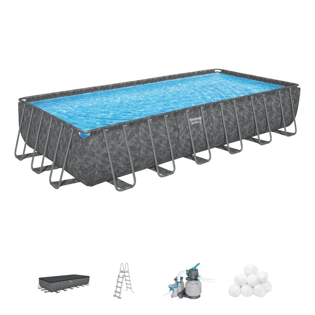  مجموعة حمام سباحة مستطيلة الشكل 31'4" x 16' x 52"/9.56م x 4.88م x 1.32م (حمام سباحة، مضخة فلتر الرمل (220-240 فولت)، سلم، غطاء، كرات ترشيح حمام السباحة من بوليسفير.)