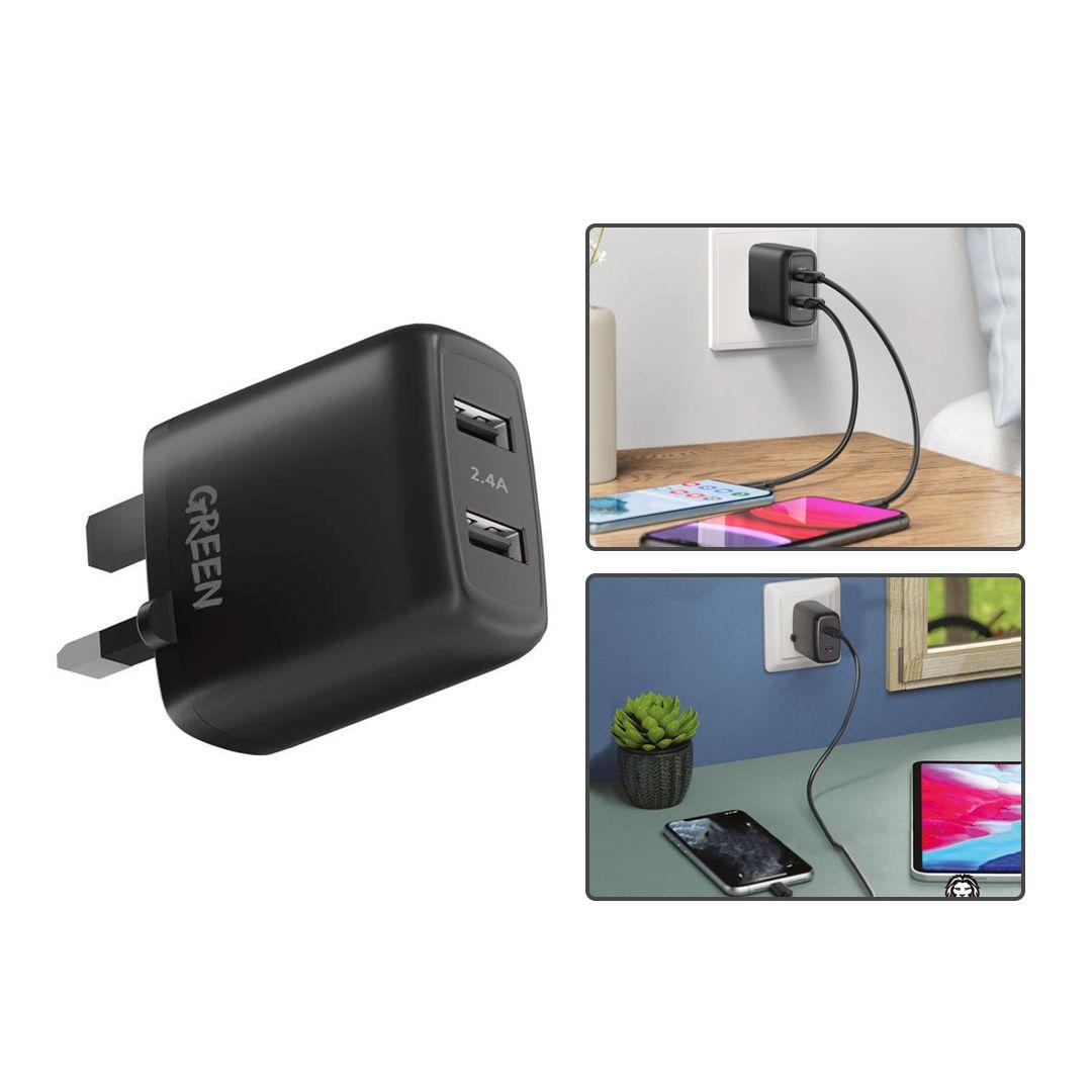 شاحن حائط من Green Lion مع منفذين USB بقوة 12 واط يدعم الشحن السريع