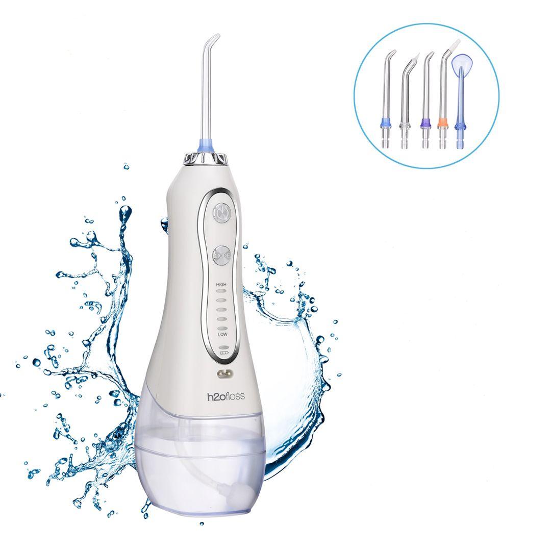 H2ofloss Water Flosser HF-6 فلوسر مائي بديل الخيط قابل للشحن عالي الجودة مع 5 رؤوس لتنظيف ما بين الأسنان و 5 سرعات و حقيبة حافظة + 6 رؤوس اضافية