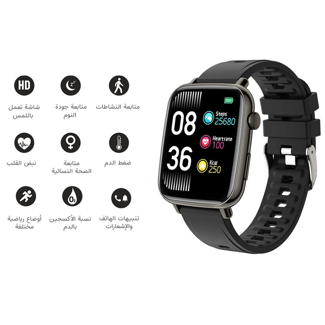 ساعة بورودو الذكية Porodo Verge Smart Watch مع شاشة HD بحجم 1.69 بوصة تساعدك على معرفة الوقت و الرد على المكالمات و تتبع حالتك الصحية 