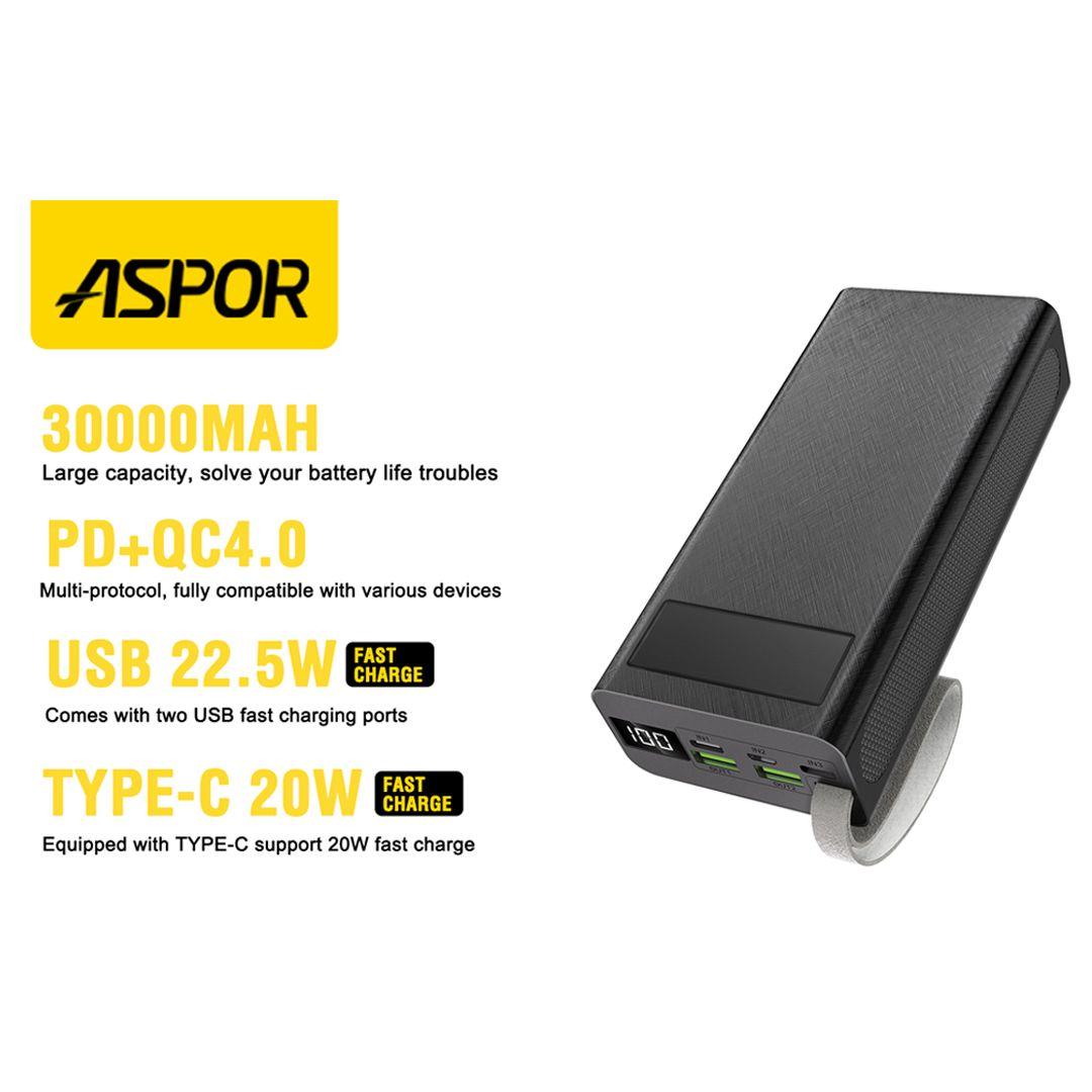 باور بانك ASPOR A306 بسعة 30000 مللي أمبير يدعم الشحن السريع PD + QC 4.0