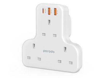 Porodo PD-FWCH006-WH Multiport Wall Socket 3250W with 3 AC 2 USB-A QC3.0 And One USB-C PD 20W