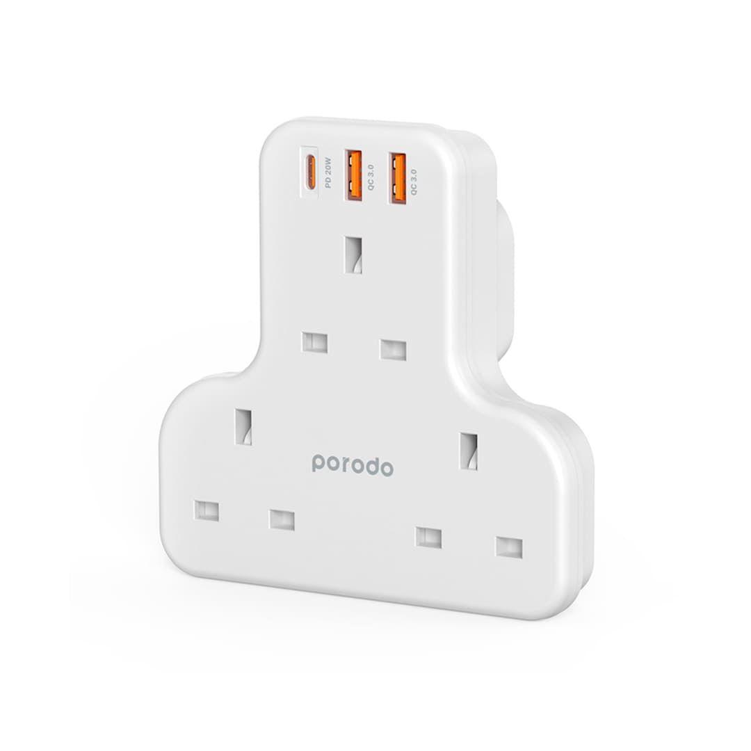 مقبس حائط Porodo بقوة 3250 واط متعدد المنافذ 3 منافذ كهرباء ومنفذين USB-A ومنفذ USB-C يدعم الشحن السريع  