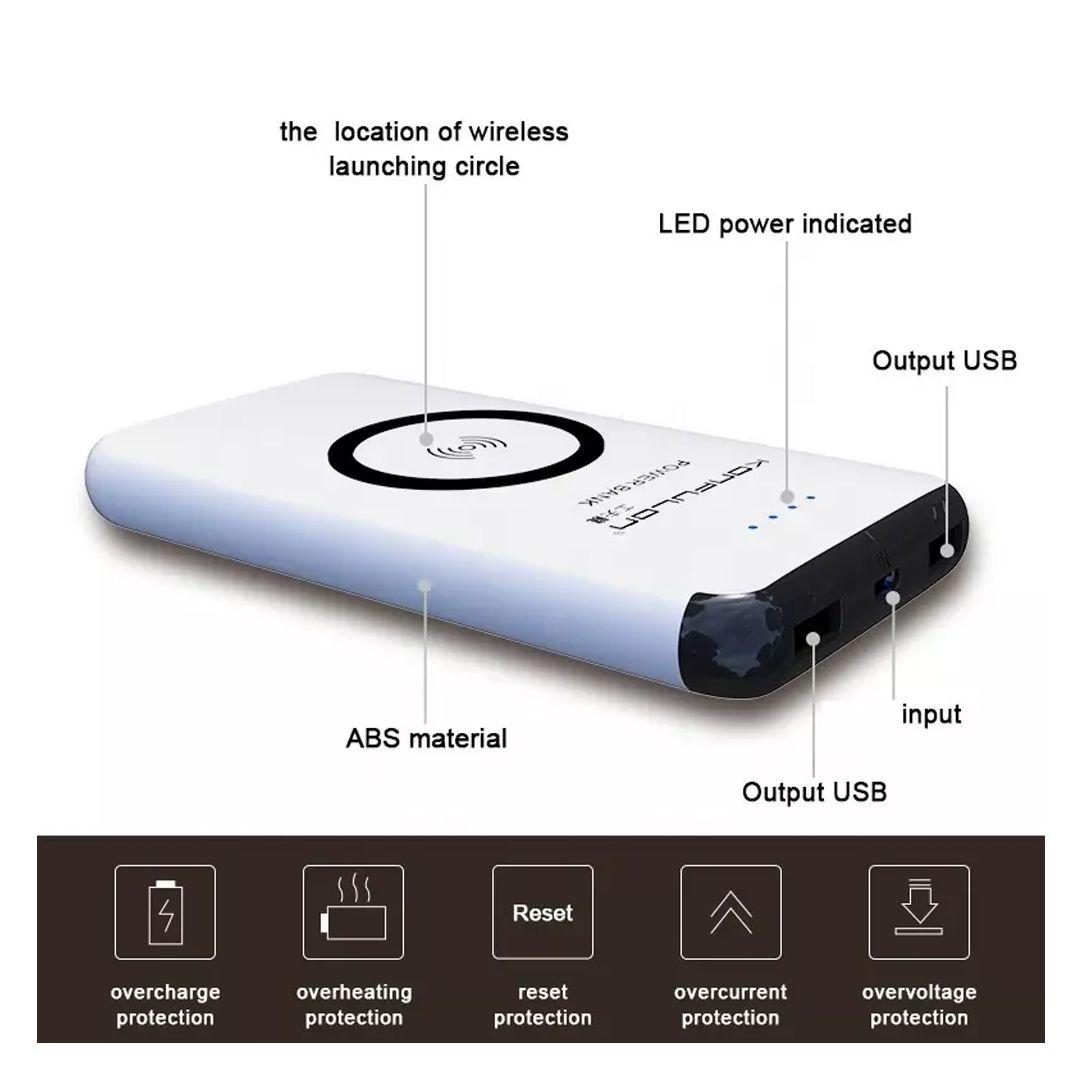 باوربانك Konfulon M12W بسعة 10000 مللي أمبير مع منفذين USB ويدعم الشحن اللاسلكي