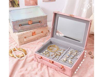 Jewelry Storage Box Double-Layer Hair Accessories Jewelry Organizer with Mirror Portable Leather Storage Jewelry Case