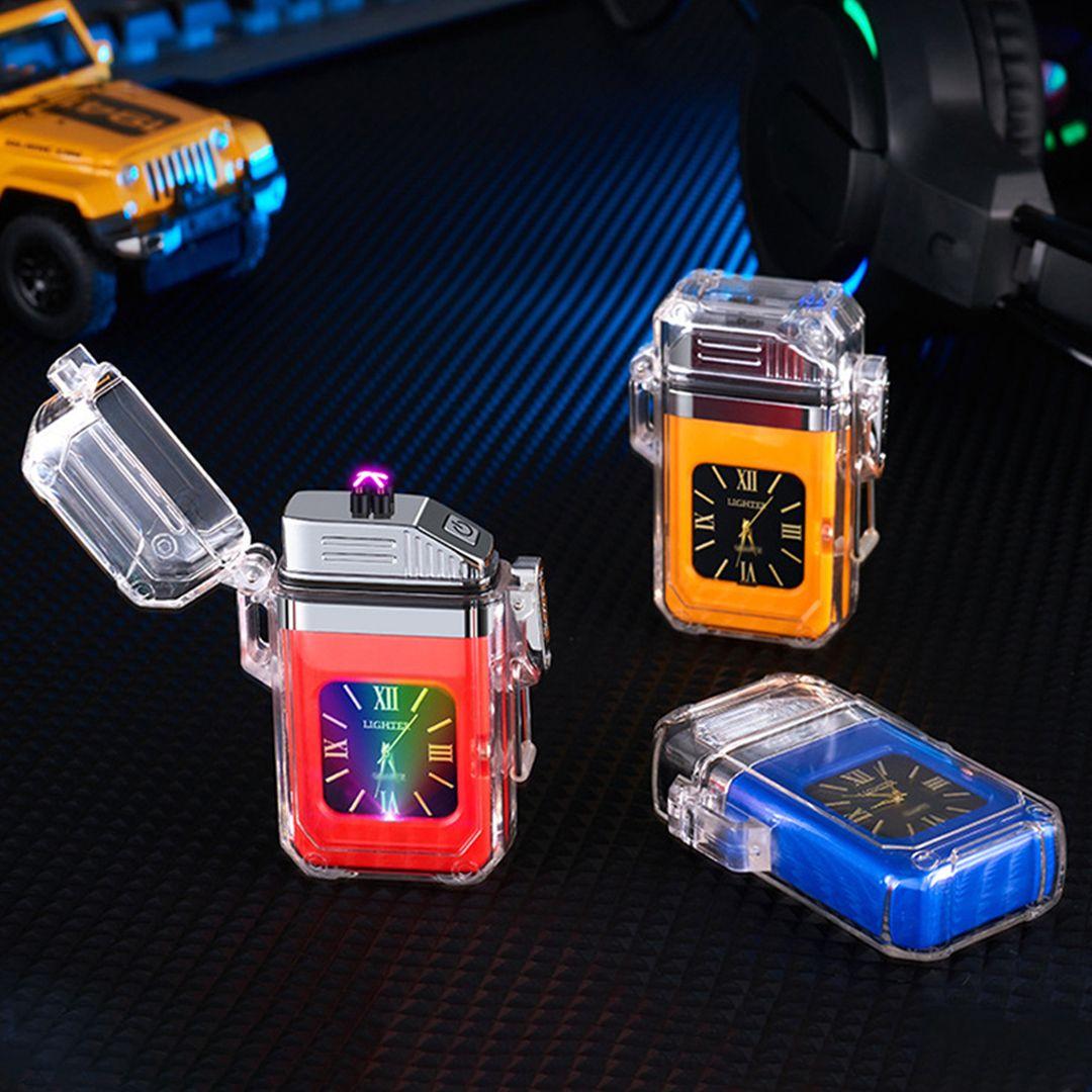 Transparent Colorful Flash Electronic Lighter Waterproof Real Watch Dual Arc Lighter Rechargeable USB Lighter