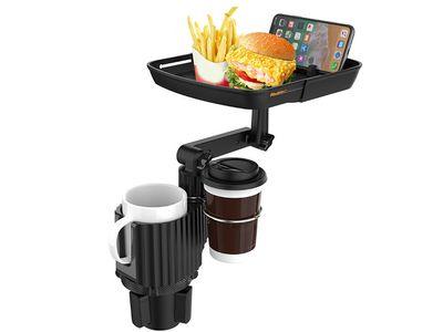 Car Cup Holder With Food Tray enables you to carry two cups in addition to a tray to carry food and a place to install the phone