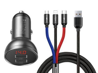 BASEUS 4.8A CAR CHARGER + 3 IN 1 USB CABLE 1.2M- BLACK