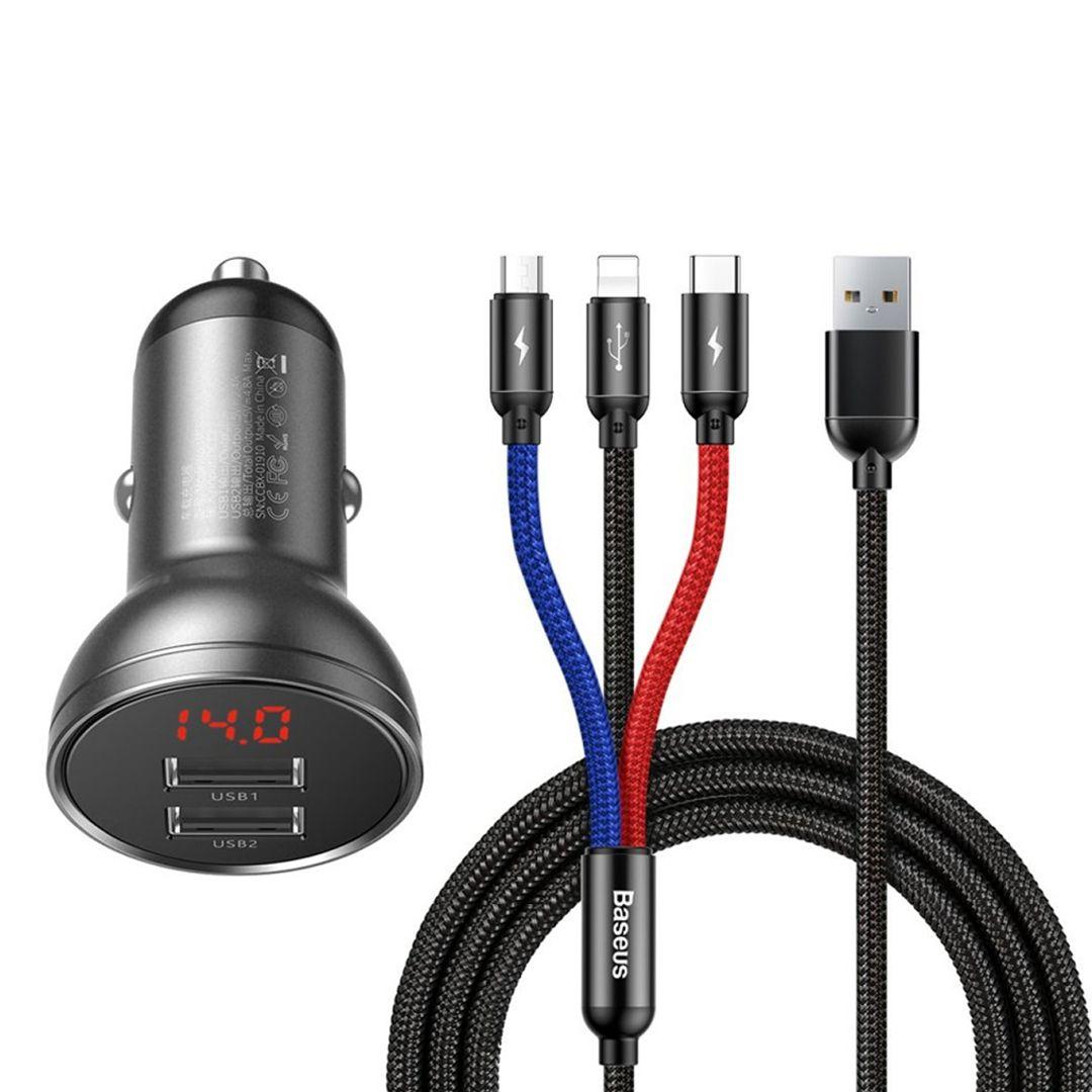 شاحن سيارة من Baseus بقوة 4.8 أمبير + 3 في 1 كيبل USB طول 1.2 م – أسود