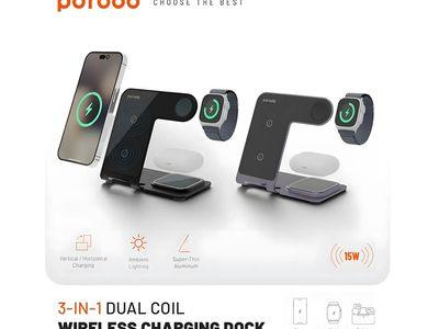 Porodo 3 in 1 Dual Coil Wireless Charging Dock 15W charging 3 devices simultaneously (Phone / Watch / Headphones)