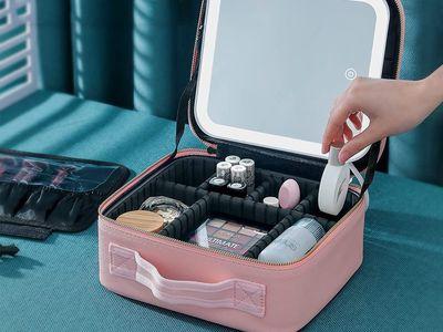 Makeup Travel Case with Mirror LED Light 3 Adjustable Brightness Cosmetic Bag Portable Adjustable Partition Waterproof Makeup Bag