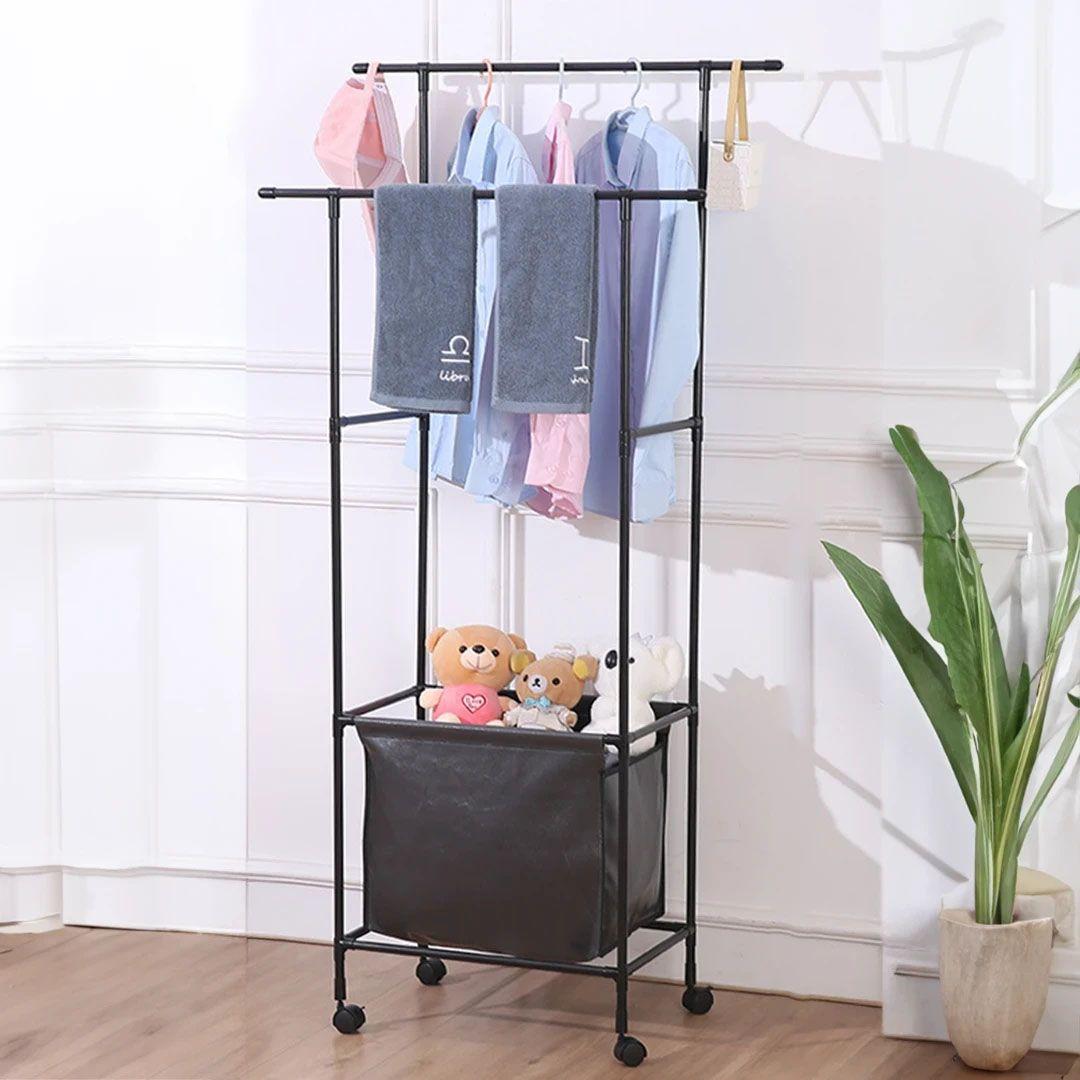 Double Metal Clothes Hanging Rack with Storage Bag 