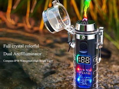 Transparent Double Arc Rechargeable Electric Lighter with Flashlight Compass and LED Display Windproof and Waterproof