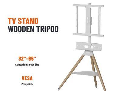 Porodo PD-ATVFTS-WH Wooden Tripod TV Stand for (32-65) Inch TVs