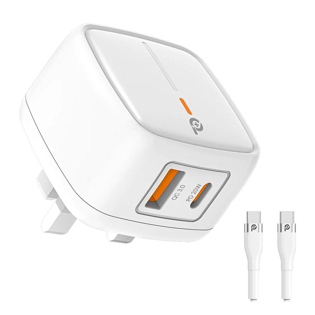 شاحن +Powero بقوة 20 واط بمنفذين مع كيبل USB-C to USB-C 