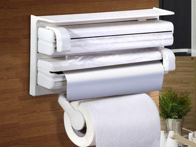 Triple Paper Dispenser | 4 in 1 Foil Cling Film Tissue Paper Roll Holder for Kitchen with Spice Rack