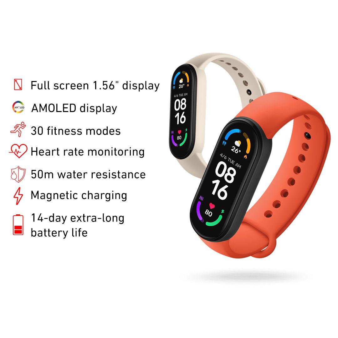 سوار Xiaomi Mi Band 6 مع شاشة 1.56 بوصة تاتش كاملة - سوار الشحن المغناطيسي  الرياضي لتتبع اللياقة البدنية ومعدل ضربات القلب مقاوم للماء 