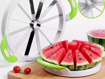 Extra Large Watermelon Slicer Cutter Comfort Silicone Handle,Home Stainless Steel Round Fruit Vegetable Slicer Cutter Peeler Corer Server for Cantaloup Melon, Pineapple, Honeydew