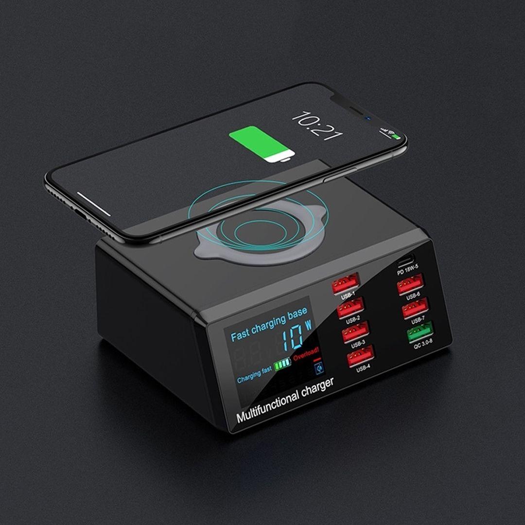 شاحن وايرلس متعدد الاستخدامات مع 6 مداخل USB بالاضافة الى PD18W + QC 3.0 يدعم الشحن السريع 