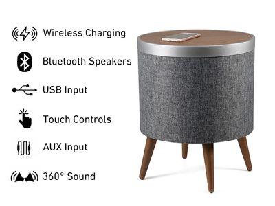 Smart Side Table with 360 Degree Bluetooth Speakers, Wireless Charging & USB