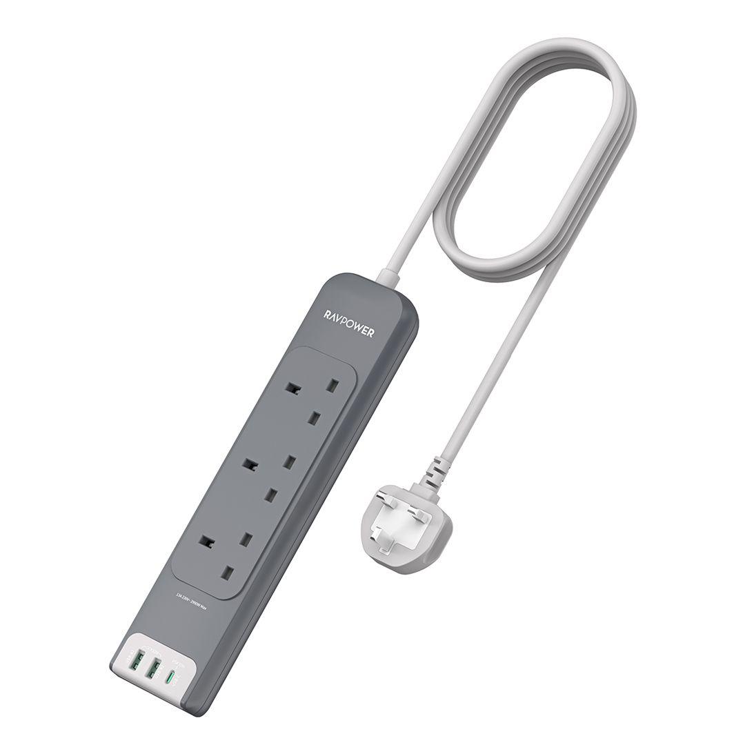مشترك كهرباء RAVPower RP-PC1038  بقوة 30 واط مع منفذ Type C ومنفذين USB طول 3 متر   