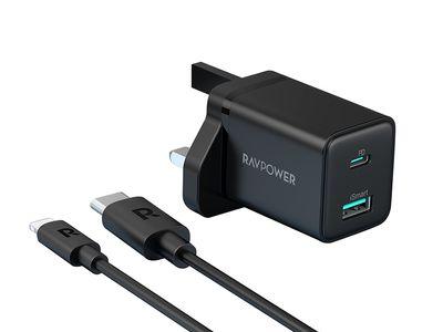 شاحن حائط  RAVPower RP-PC173 بقوة 20 واط بمنفذين شحن (USB وType-C)  مع كيبل طول 1 م   