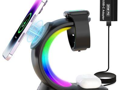 3 in 1 Magnetic Wireless Charger for Phone, Watch, AirPods 15W with RGB Color Light