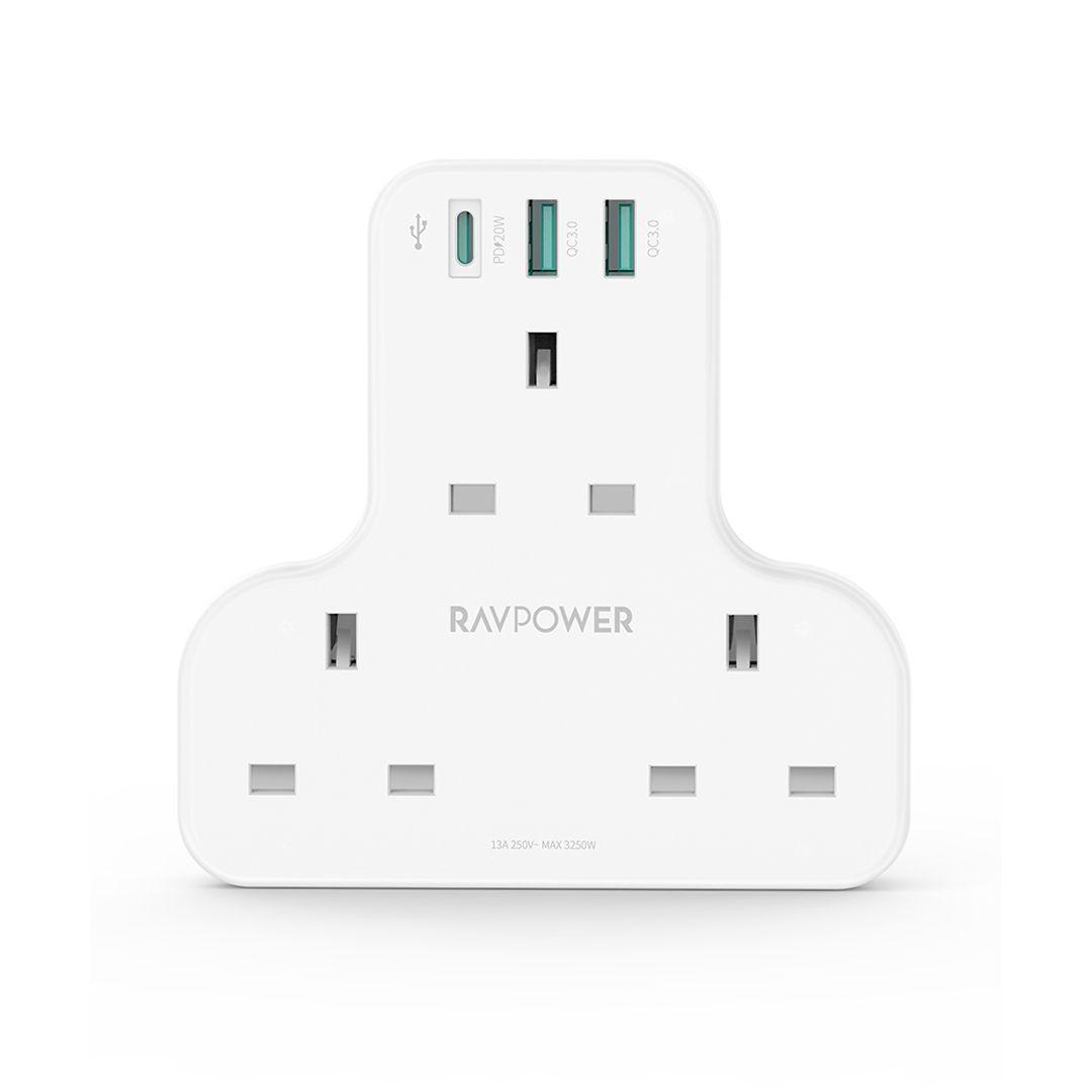 شاحن UK قوي RAVPower RP-PC1036  بقوة 20 واط مع 3 منافذ USB و 3 منافذ كهرباء