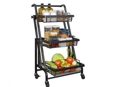 3 Tier Foldable Kitchen Cart for Multifunctional Use With Four Wheels