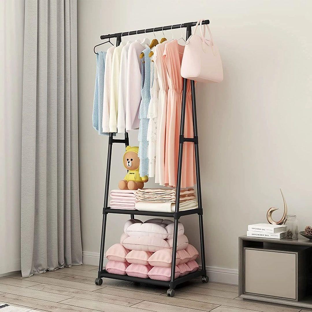 Triangle Clothes Stand with Two Storage Shelves and Wheels