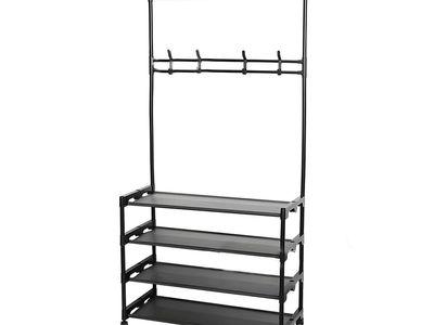 Clothes Organizer Stand with 4 Shoe Racks, 8 Hanging Hooks