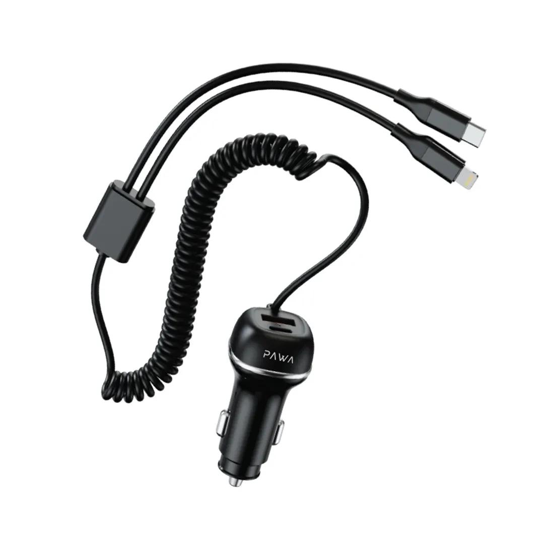 شاحن سيارة باوا ثنائي المنافذ بتقنية الشحن السريع PD+QC مع كابل مدمج USB-C و Lightning بقوة 68 واط
