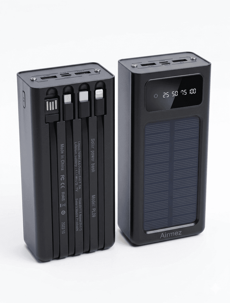 باور بانك Airmez شمسي 30000mAh – شحن قوي مع كيابل مدمجة وطاقة شمسية
