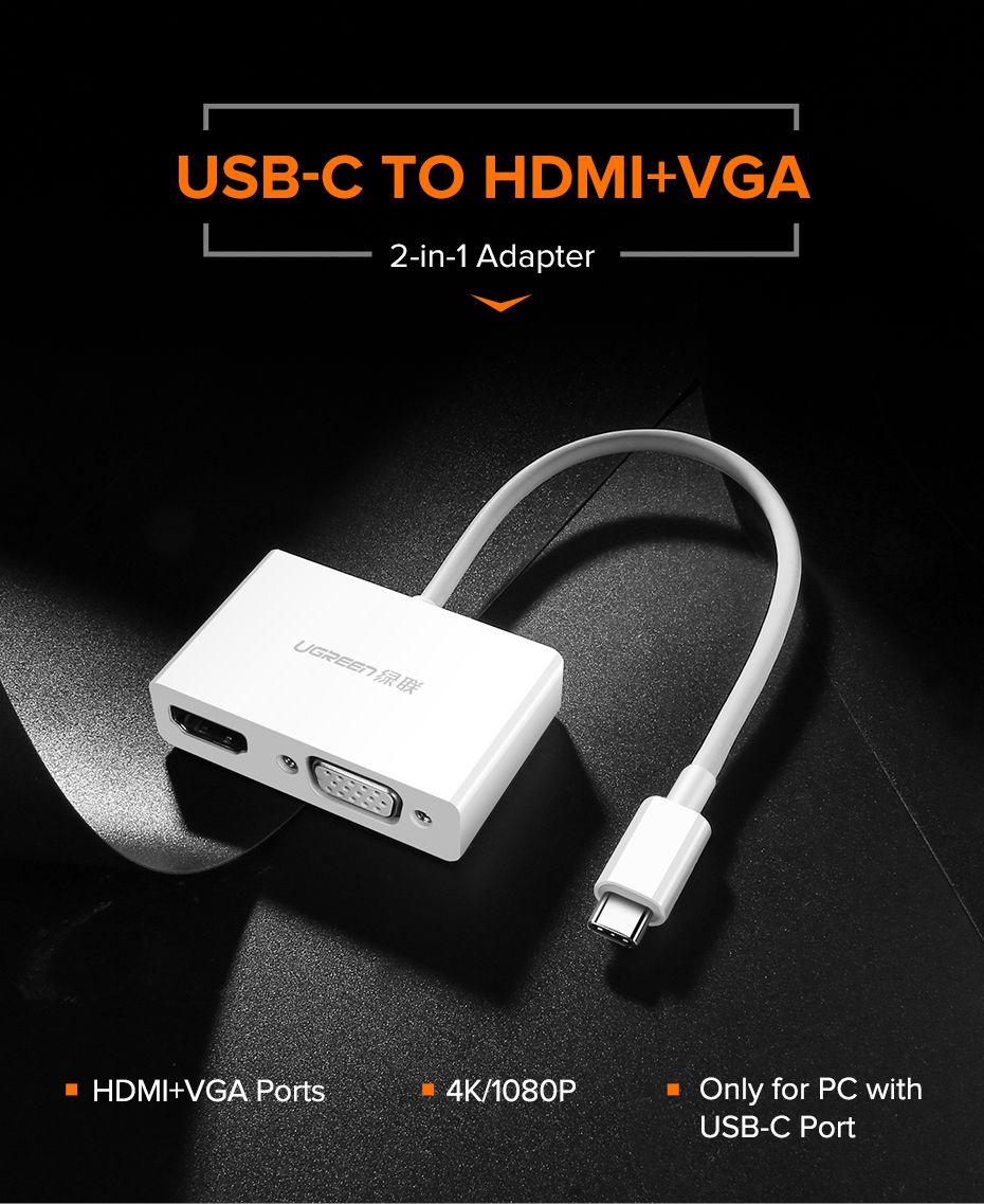 UGREEN MM123 USB Type C To HDMI + VGA Converter, 15cm -  (White)