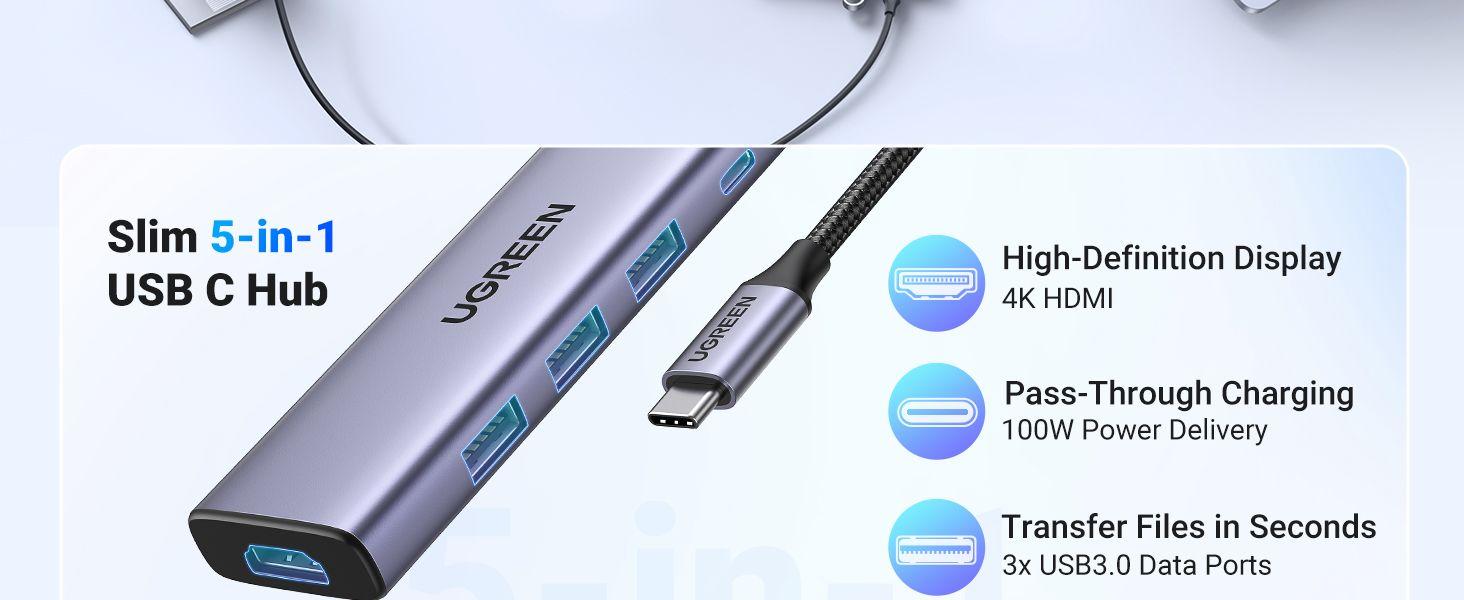 موزع USB-C متعدد المنافذ 5 في 1، نحيف للغاية، مزود بـ 4 منافذ USB 3.0، لنقل البيانات بدقة