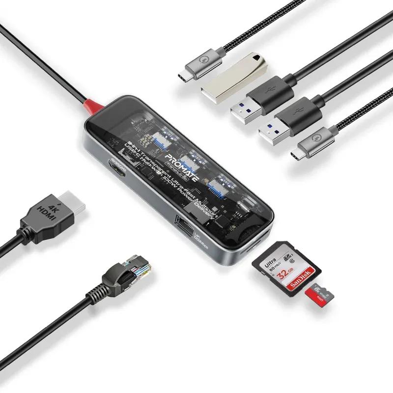 موزع USB-C متعدد المنافذ فائق السرعة شفاف 9 في 1 مع توصيل طاقة 100 وات