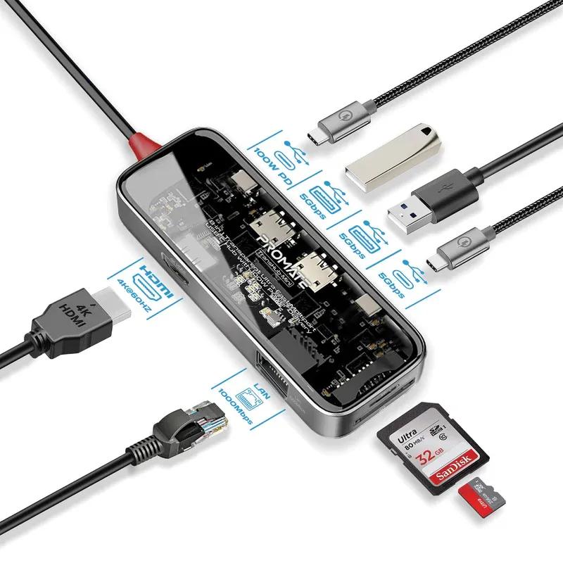 موزع USB-C متعدد المنافذ فائق السرعة شفاف 8 في 1 مع توصيل طاقة 100 وات