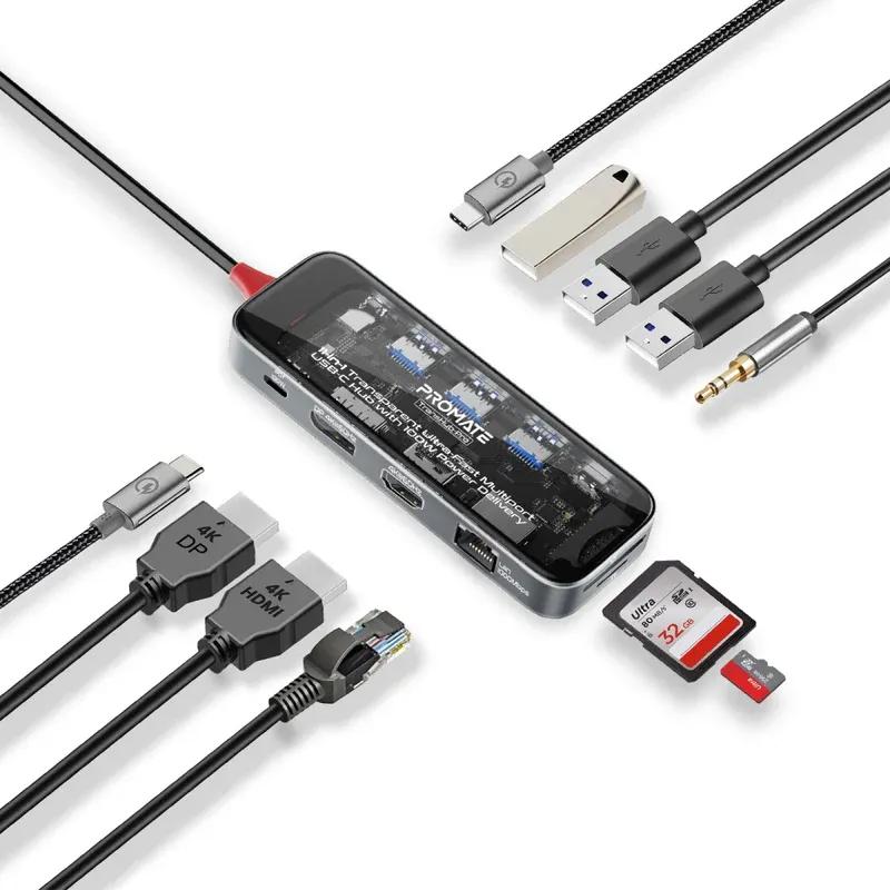 موزع USB-C شفاف فائق السرعة متعدد المنافذ 11 في 1 مع توصيل طاقة 100 وات
