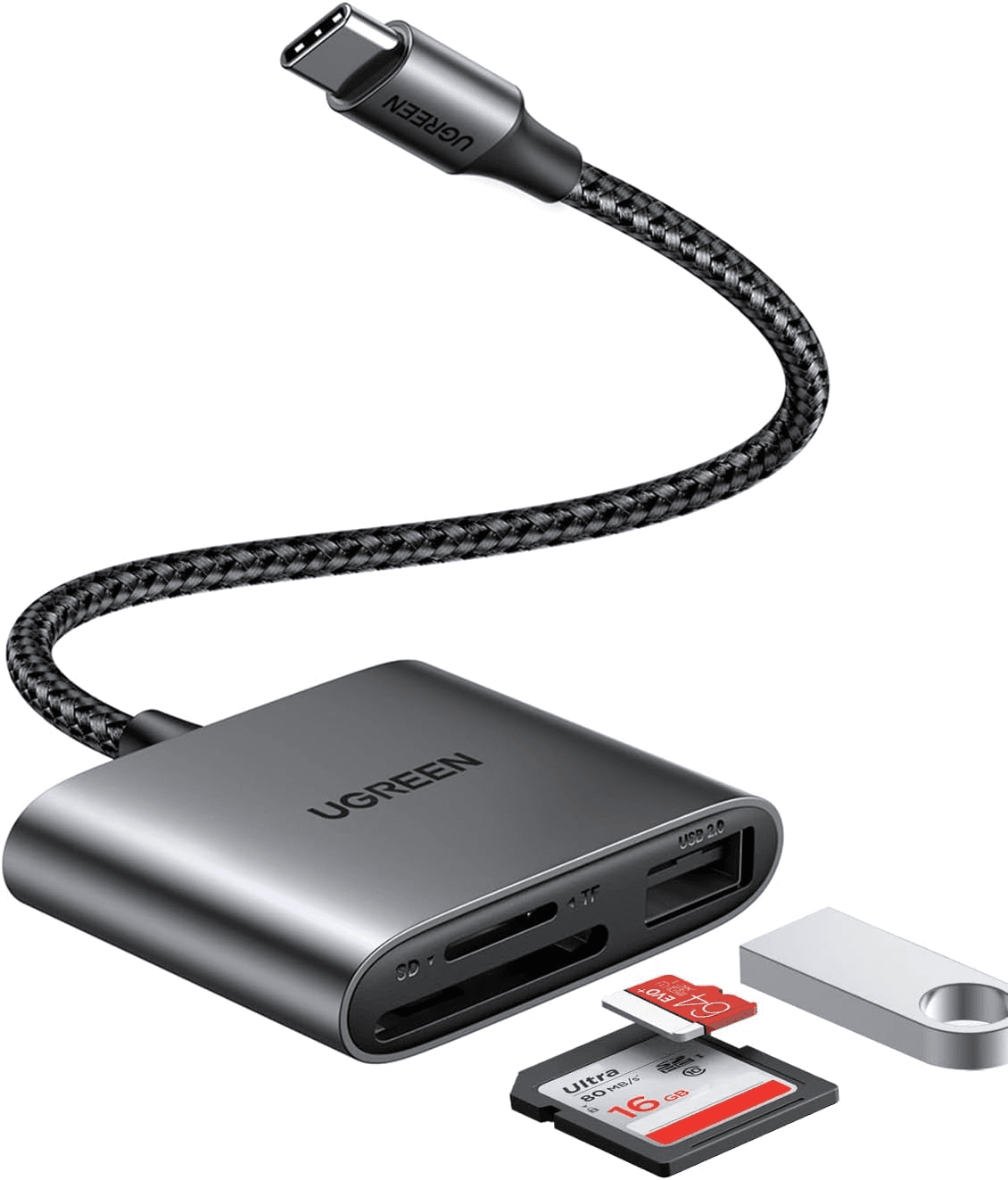 قارئ بطاقة SD الى USB-C من يوجرين 3 في 1، محول قارئ Micro SD 2 تيرابايت متوافق مع كاميرا ماك بوك برو