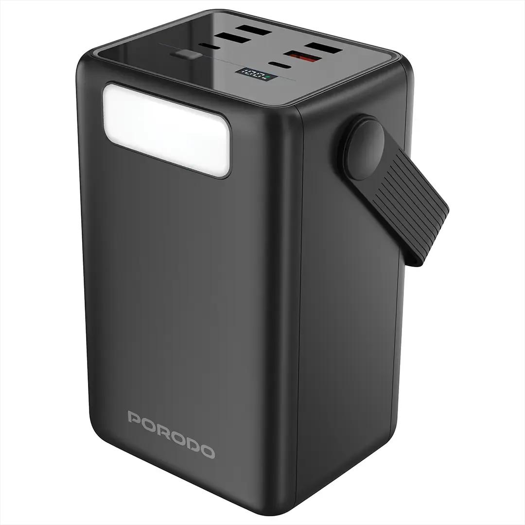 باور بانك Porodo Lara سعة 80000mAh بشحن سريع PD 20W مع كابلات مدمجة وكشاف – أسود