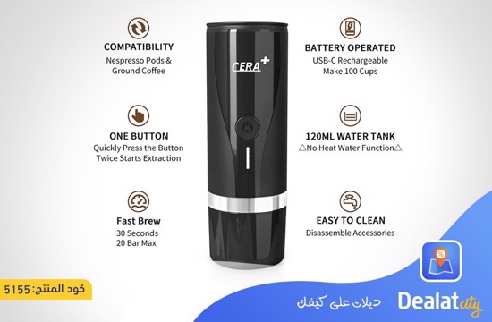 CERA+ Portable Electric Coffee Maker, Rechargeable Mini Battery Espresso  Machine with Heating Function, 20 Bar, Compatible with NS Pods & Ground