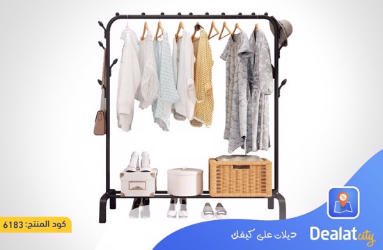 Metal Clothes Rack with 2 Storage Shelves with Hooks and Side Hangers for Hanging Clothes and Hats