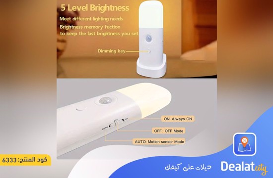 Portable LED Night Light with Motion Sensor and USB Rechargeable with Adjustable Levels